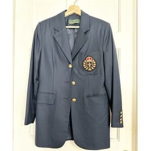 Embassy Row Navy Single Breast Gold Crested Blazer